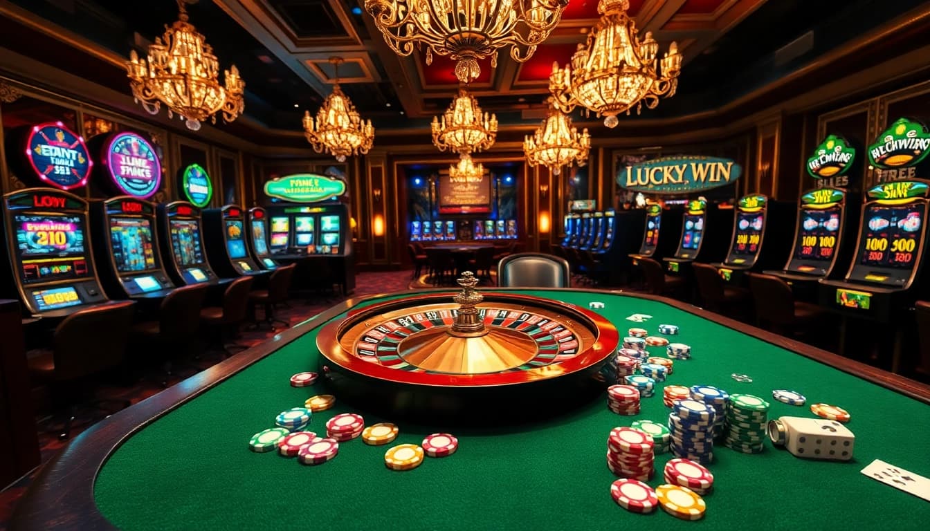 Experience the excitement of gambling at https://luckywin.fan/ with a luxurious casino scene featuring a roulette wheel, poker chips, and slots.