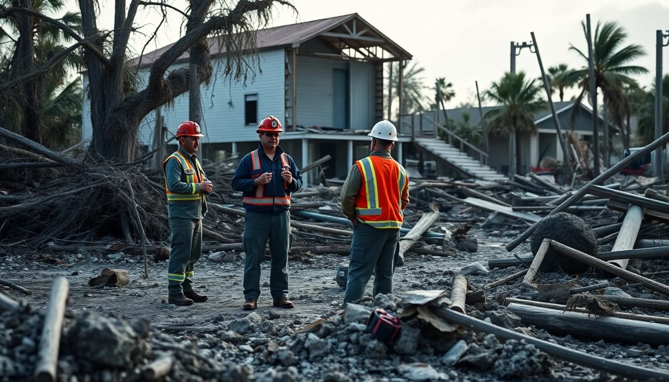 Assessing Florida Hurricane Damage with emergency responders in a devastated coastal area.