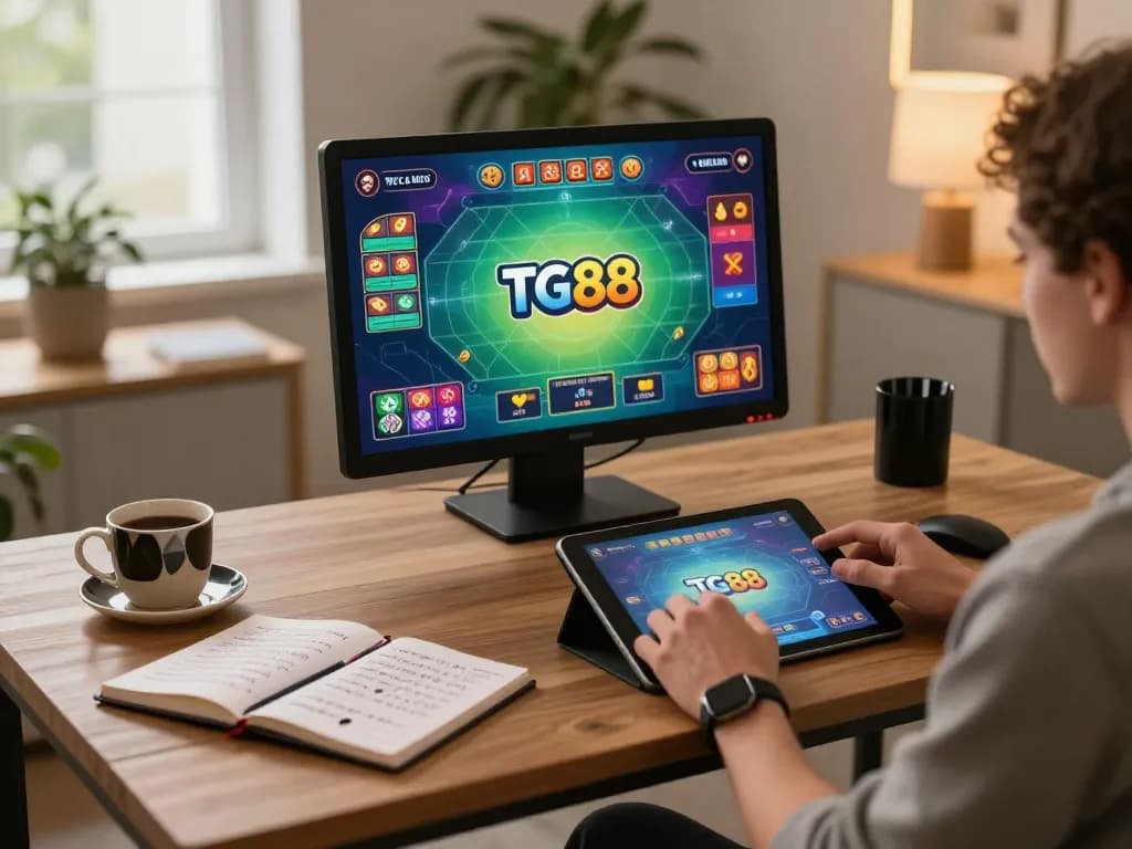 The TG88 platform displayed on tablet screen, highlighting an engaging online casino experience with warm cozy lighting