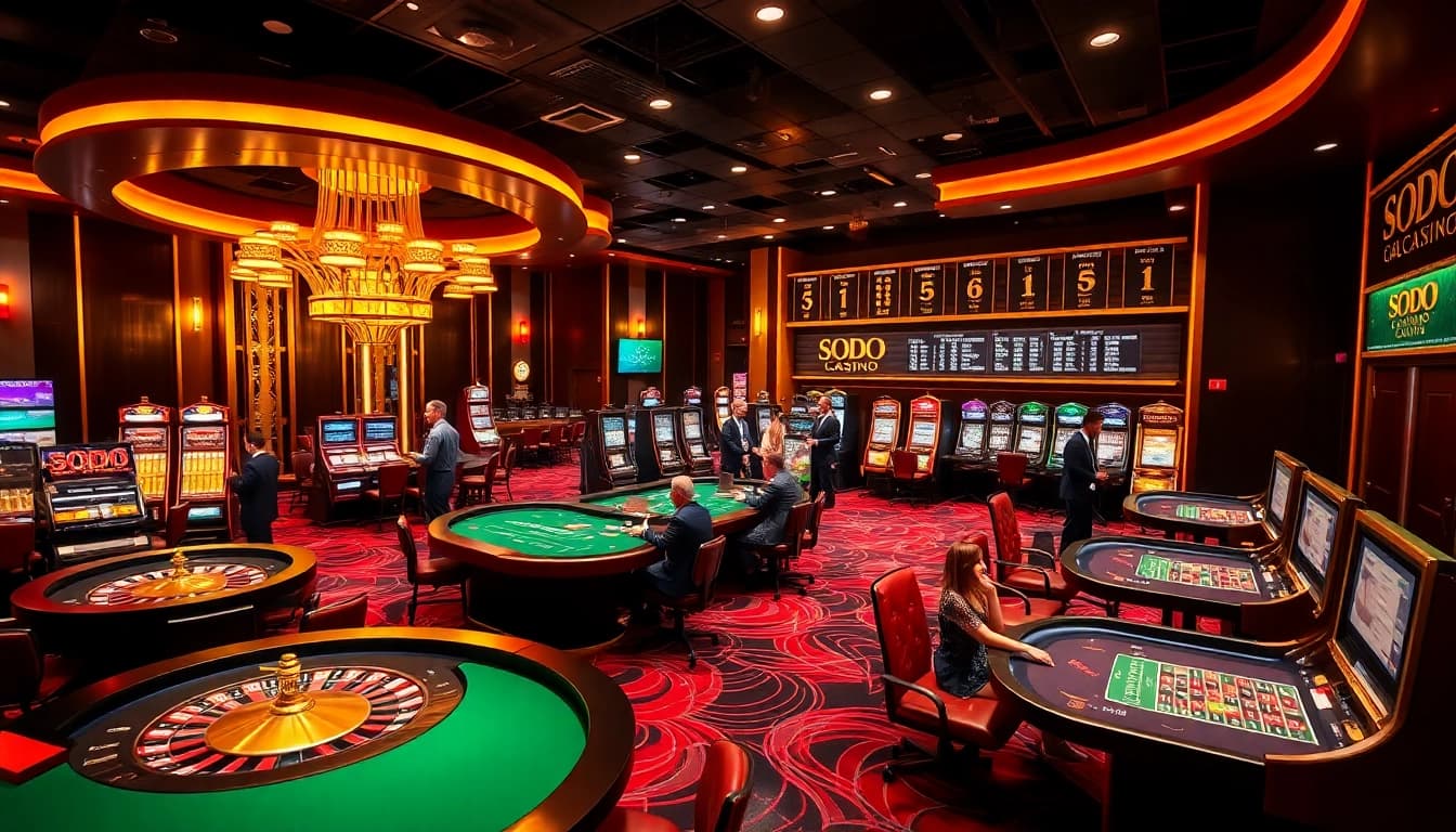 SODO Casino gamers enjoying a thrilling experience at modern poker and roulette tables.