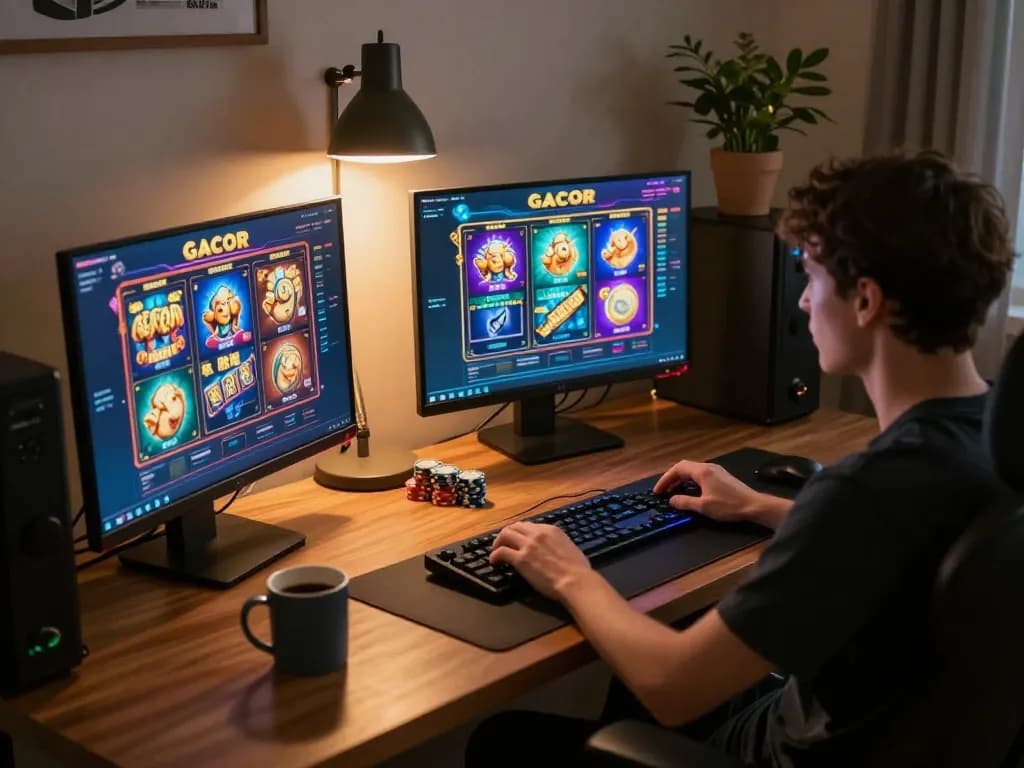 Engaging in slot gacor from home with vibrant online gaming setup and strategic play elements