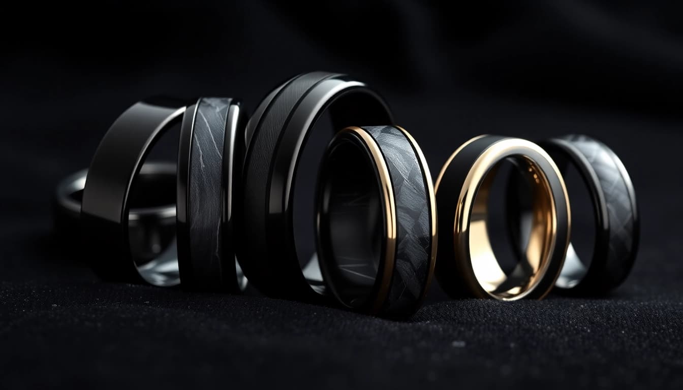 Showcasing elegant Black Wedding Rings for Men featuring various styles and textures, emphasizing sophistication.