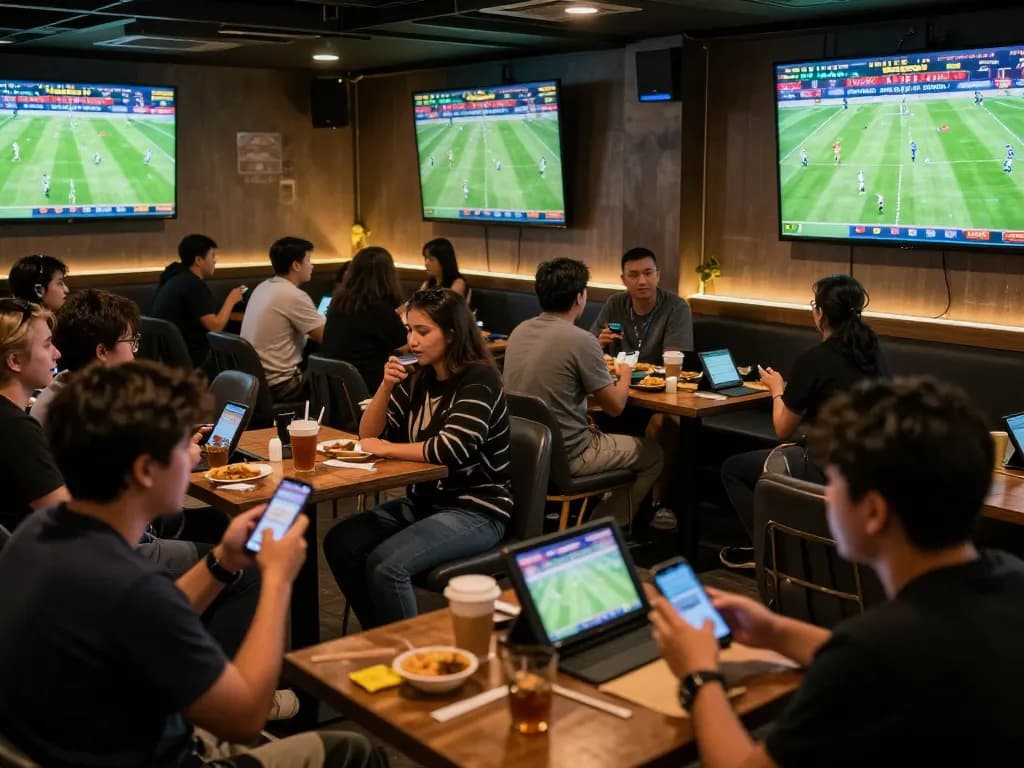 Fans placing bets on bóng đá lu while watching live scores and odds in a vibrant sports betting lounge