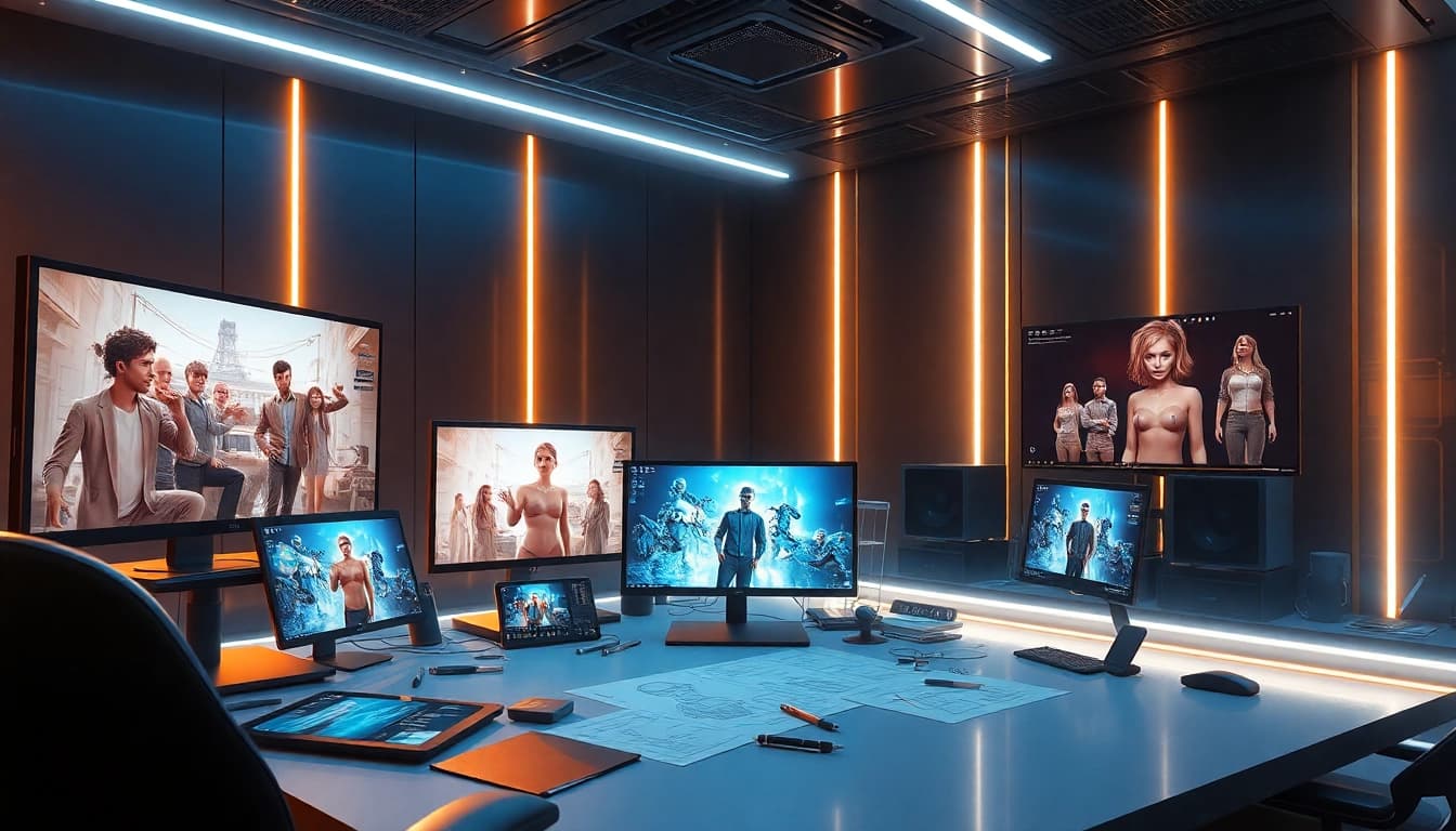 Futuristic digital art studio showcasing NSFW AI image generation in a creative workspace.