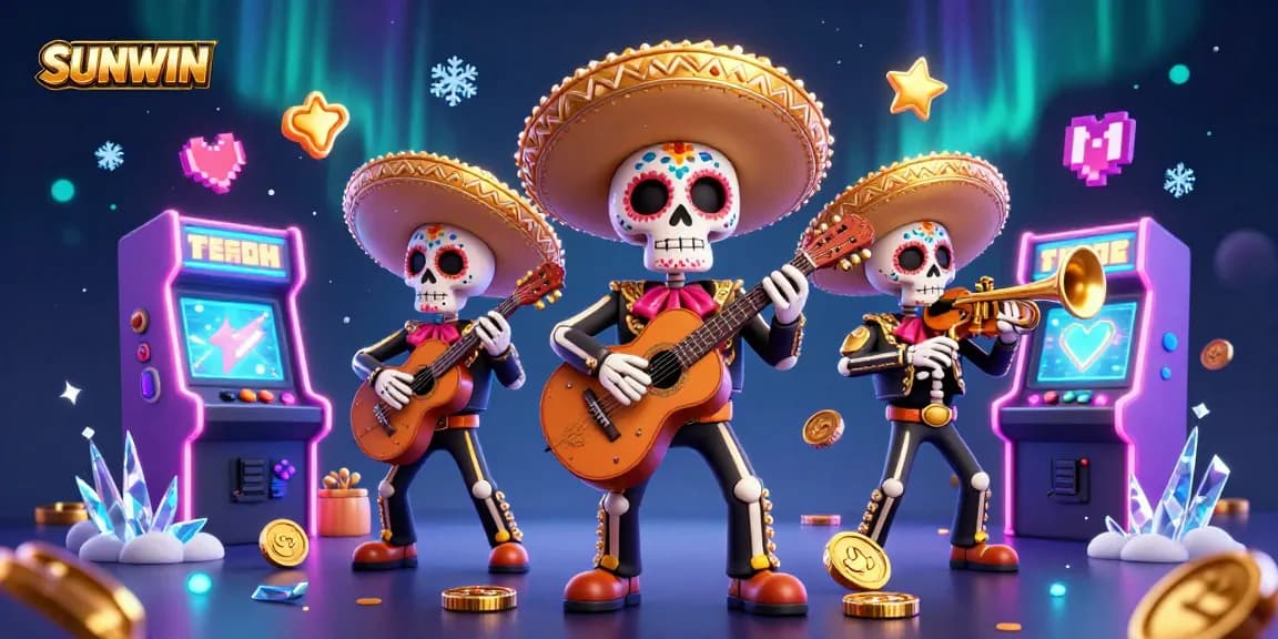 SUNWIN showcases a vibrant 3D collage of casino excitement with Mariachi musicians and retro gaming elements.