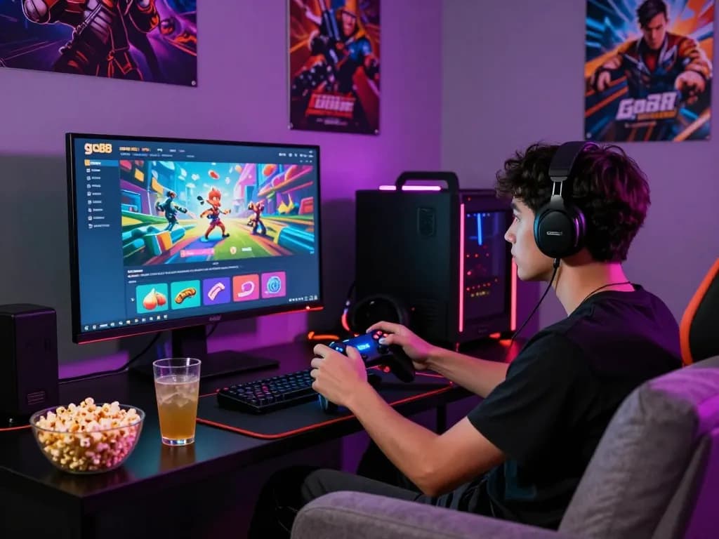 Engaged player enjoying go88 online gaming with snacks in an energetic atmosphere.