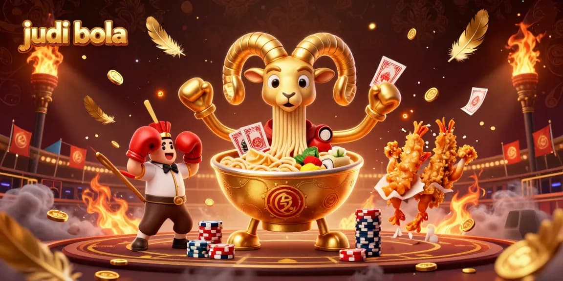 Engage in judi bola with a dynamic 3D illustration of a golden ramen bowl dealer and cheerful characters.