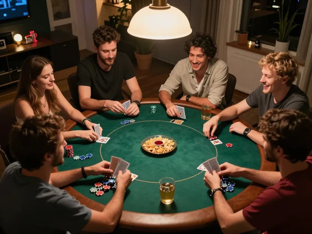 Players enjoy a thrilling home poker night while strategizing for victory with vipwin.