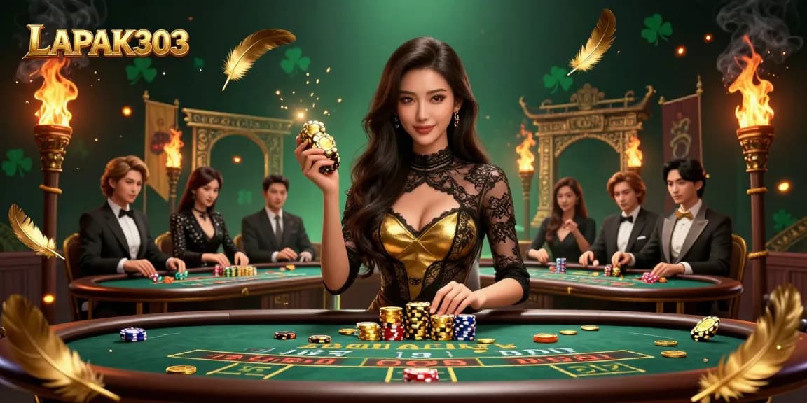 Engage with LAPAK303's exclusive baccarat experience, showcasing a confident player at a VIP table.