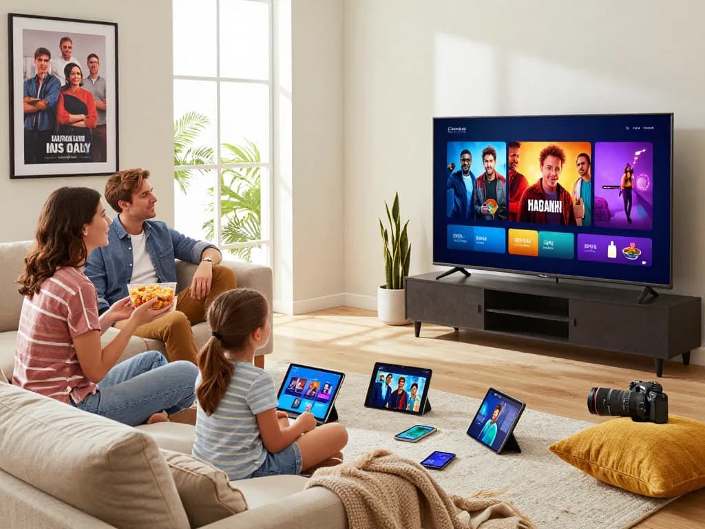 Gezin geniet van IPTV kopen op Smart TV in een gezellige woonkamer.