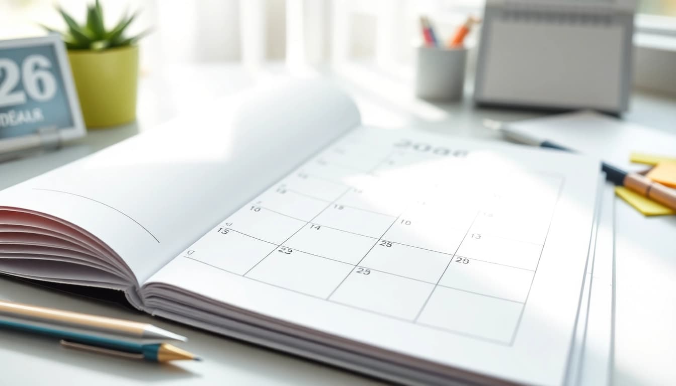 Colorful and inviting free calendar 2026 on a desk, featuring planning tools.