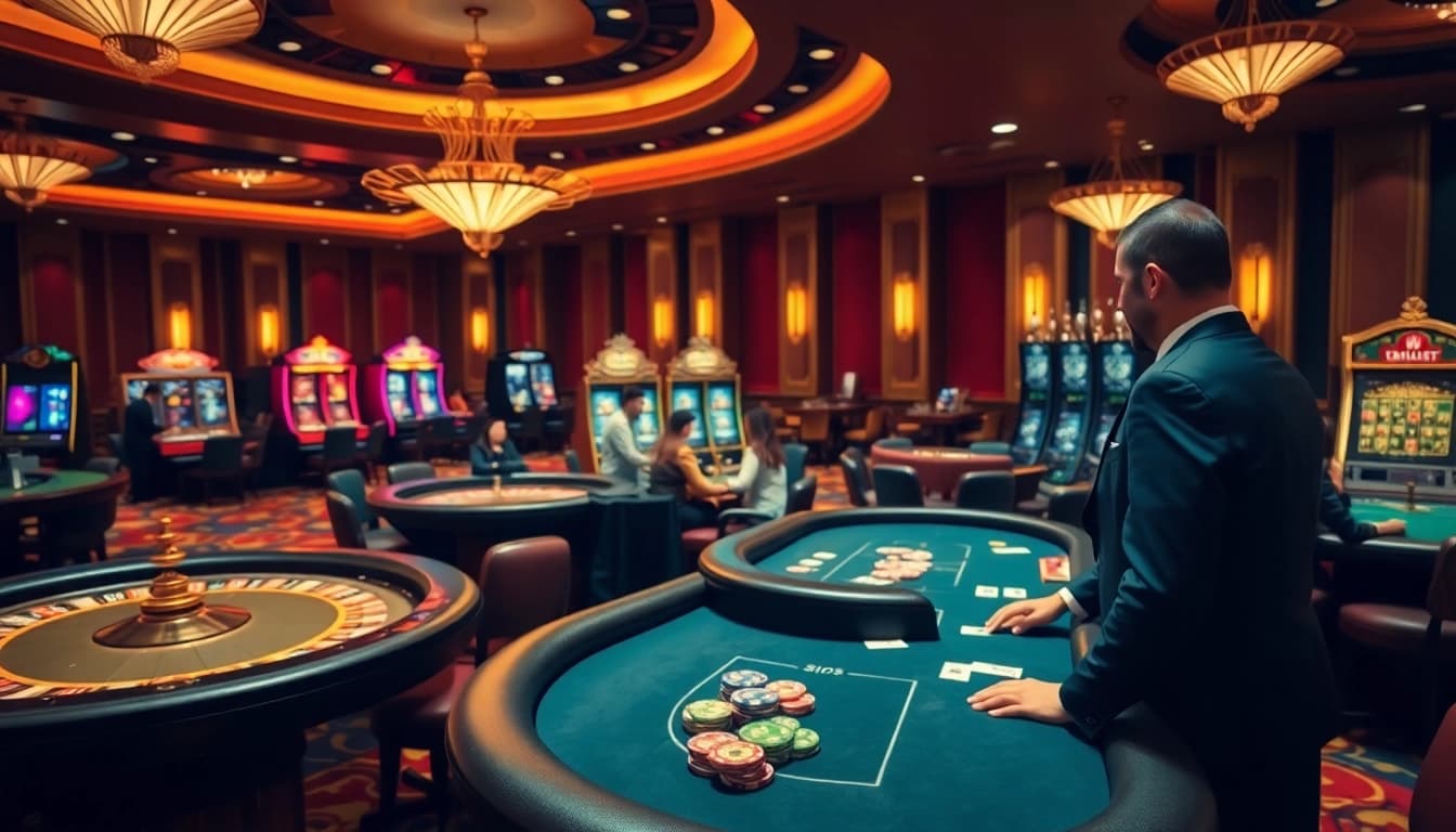 Players enjoying SOIBET's vibrant casino atmosphere with poker chips and gaming tables.