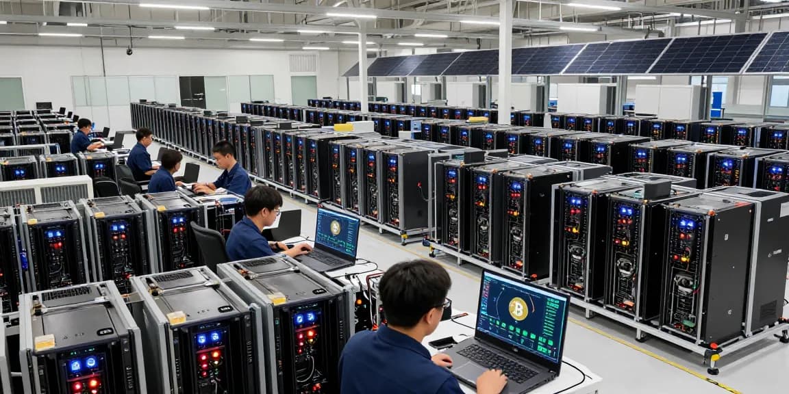 Bitcoin mining company with advanced rigs in a sustainable data center.
