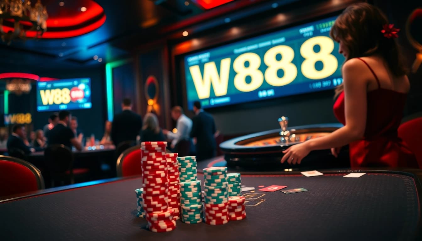 Exciting casino scene featuring a luxurious table and players engaging in games linked to W88.