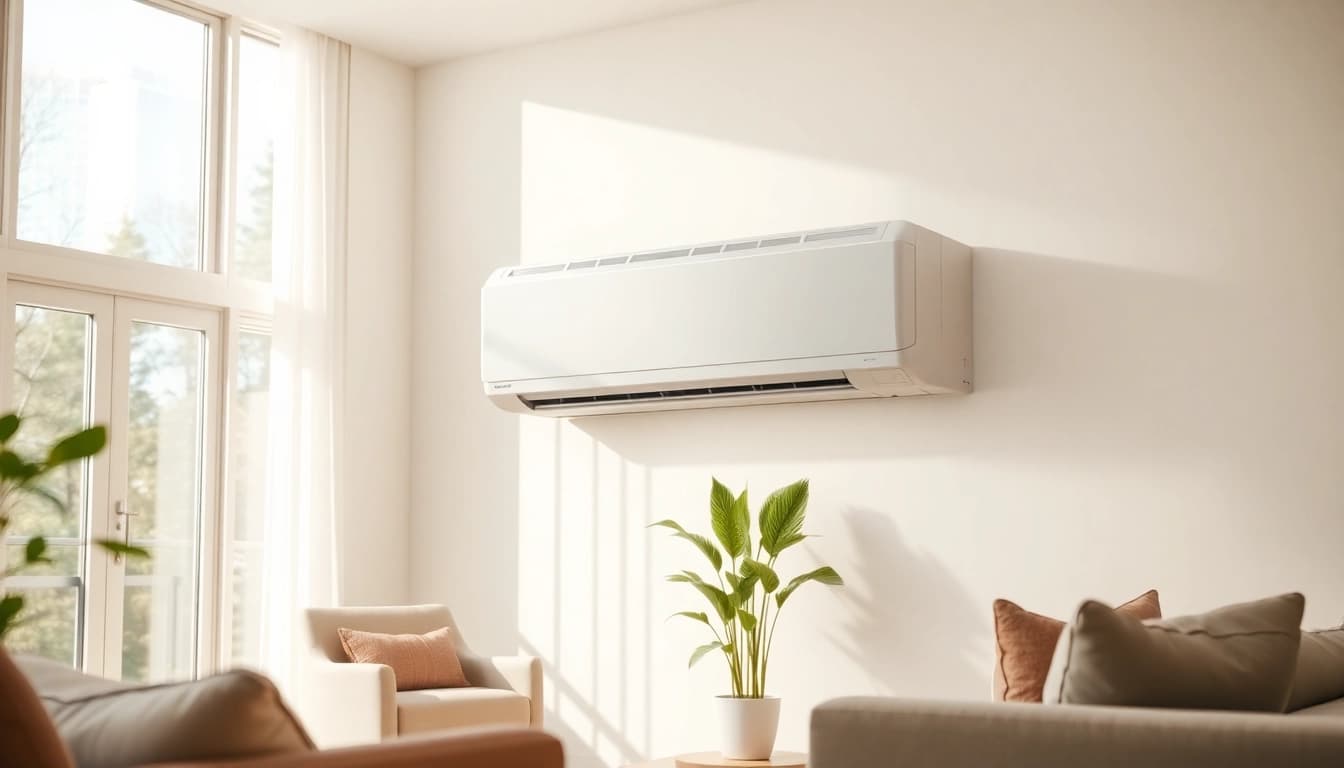 Install a Daikin mini split AC in a stylish living room with natural lighting.