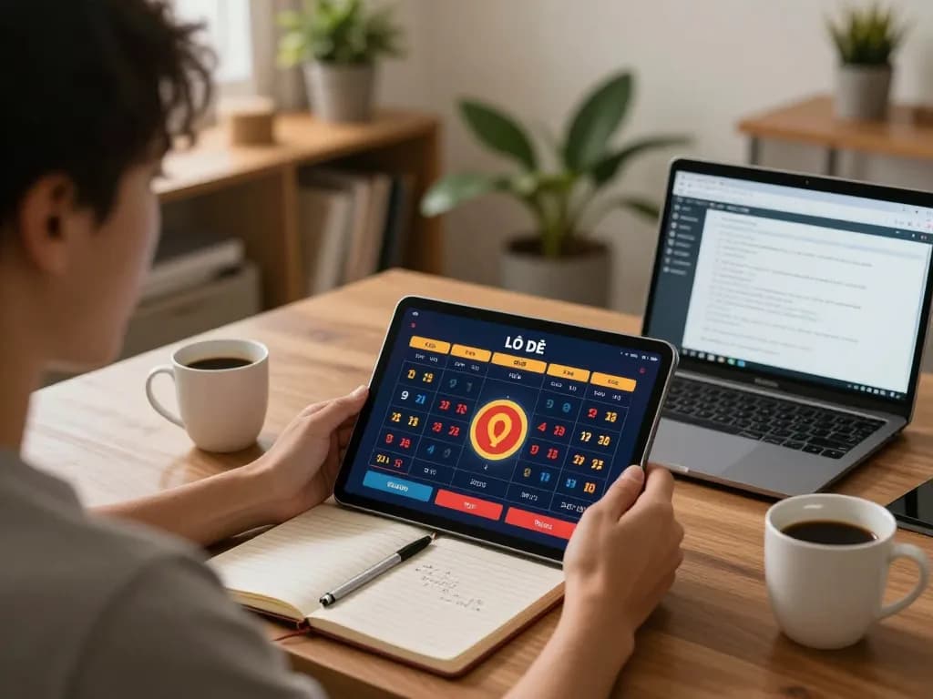 Lô đề online gameplay on tablet in cozy home office setting, showcasing strategic betting environment.