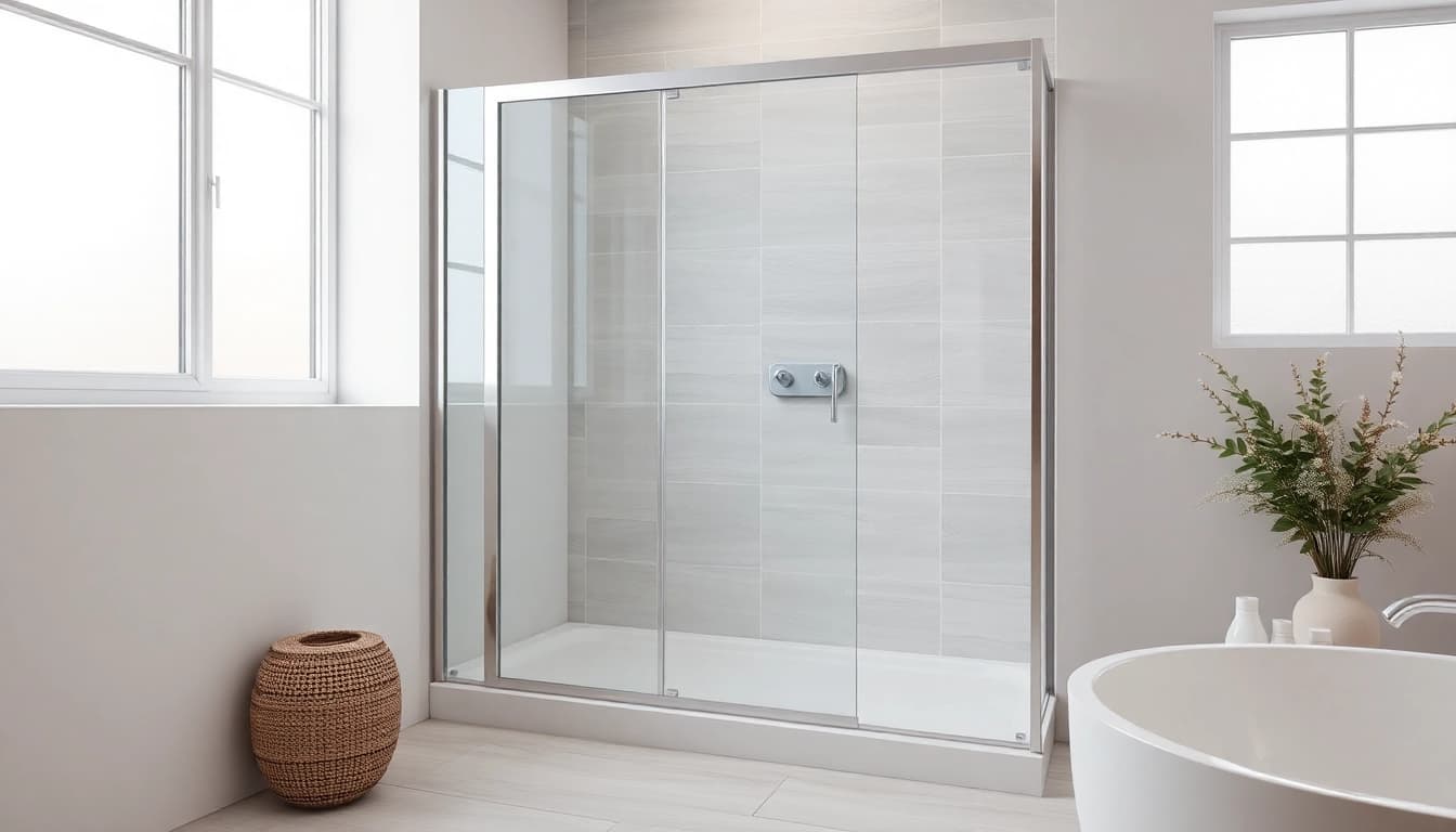 Admire la paroi de douche 150x200 en verre clair dans une salle de bain moderne.