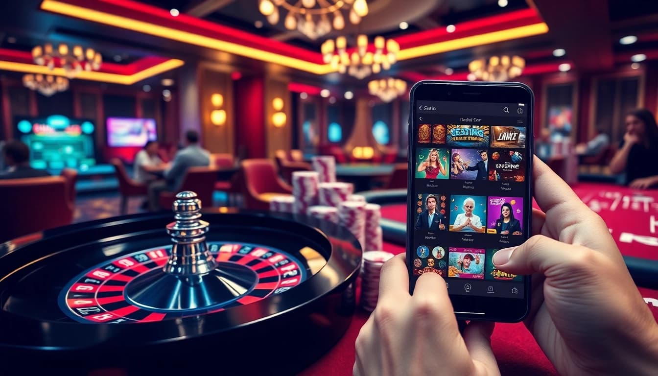 Người chơi tham gia các trò chơi tại https://luck8.com trong một sòng bạc sang trọng với các đồng chip poker và bánh xe roulette.