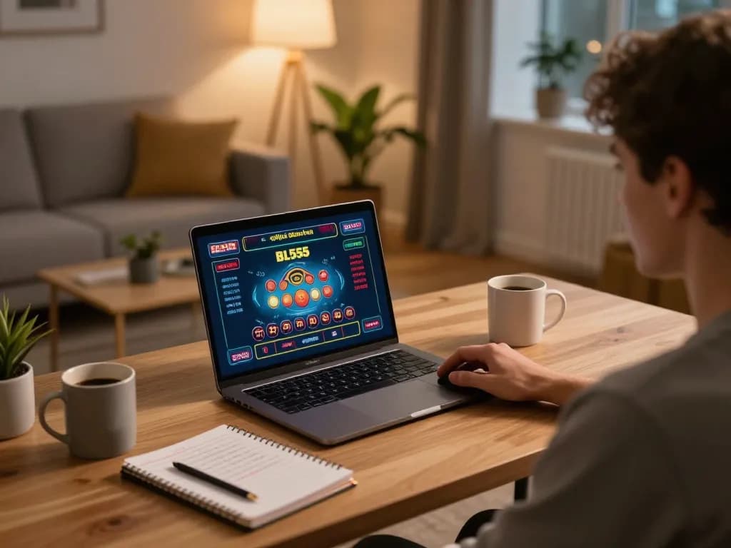 Person engaging in online gaming at BL555, laptop displaying casino interface in cozy home setting