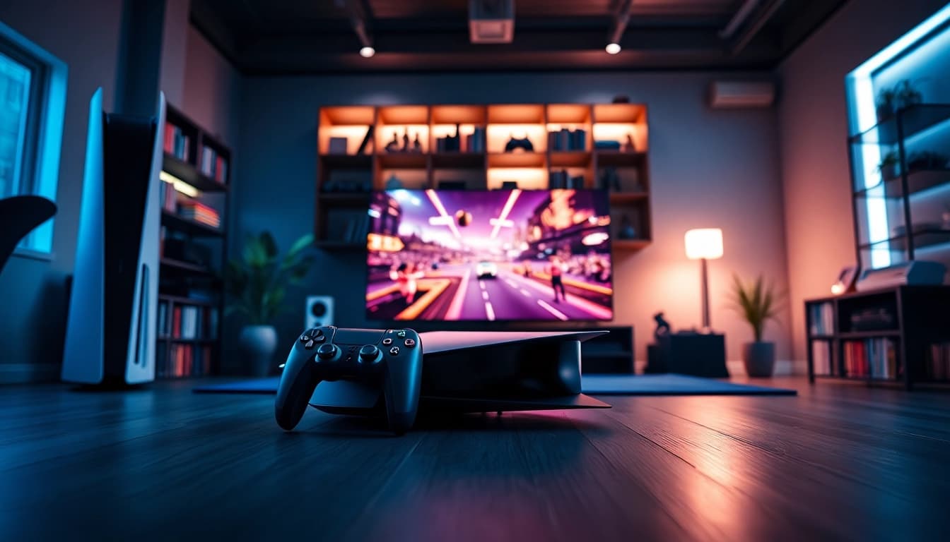 PS5 Pro game reviews featuring a modern gaming setup with sleek designs and vivid screen experiences.