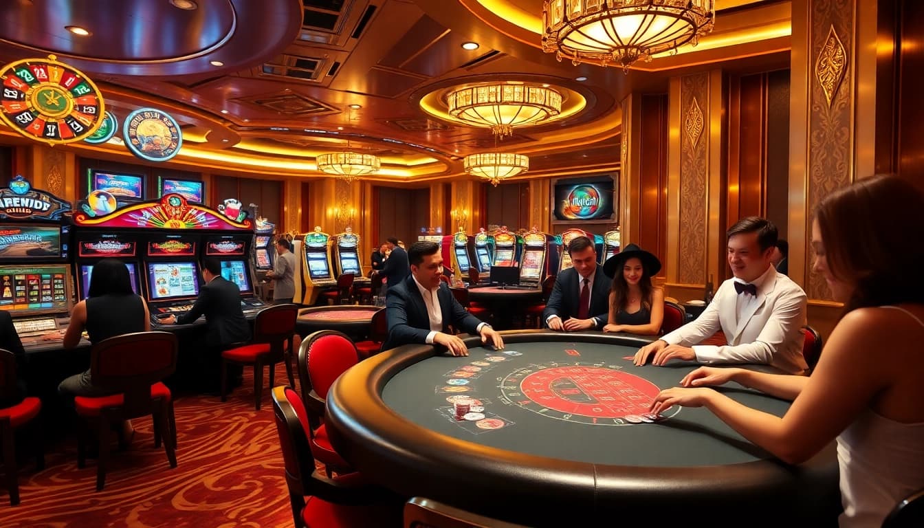 Players enjoying thrilling games at https://x88.agency/ casino, vibrant atmosphere with chips and tables.