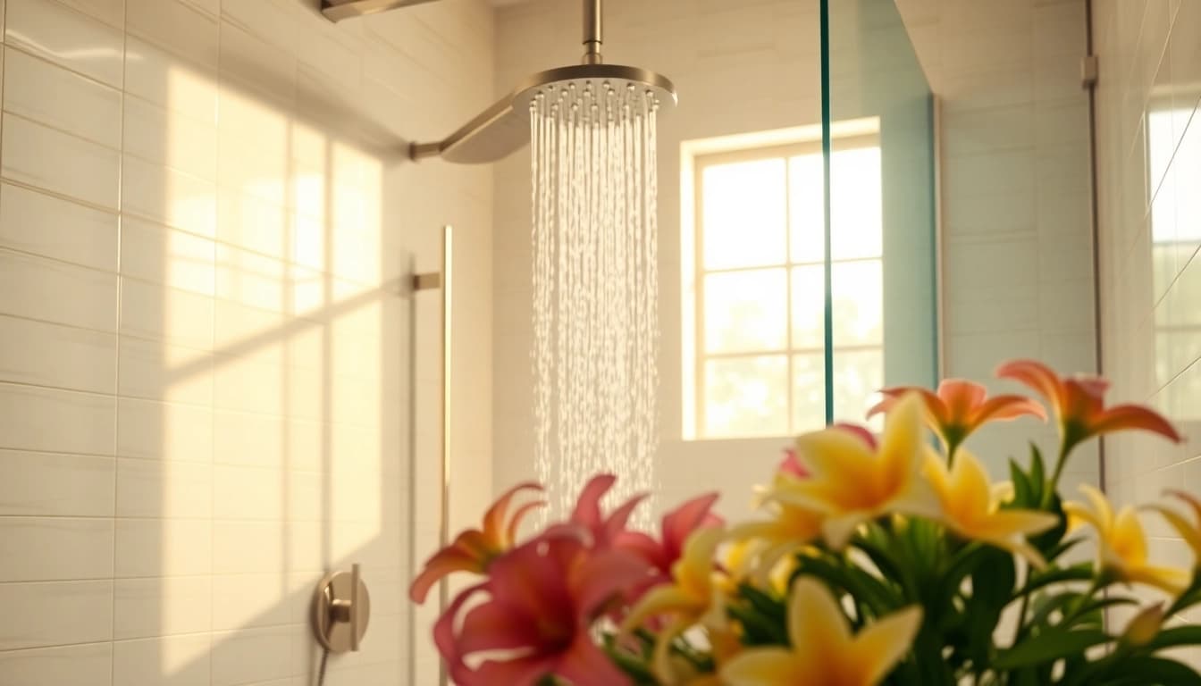 Experience elegant showers in a luxurious bathroom featuring a rainfall showerhead and chic tiles.