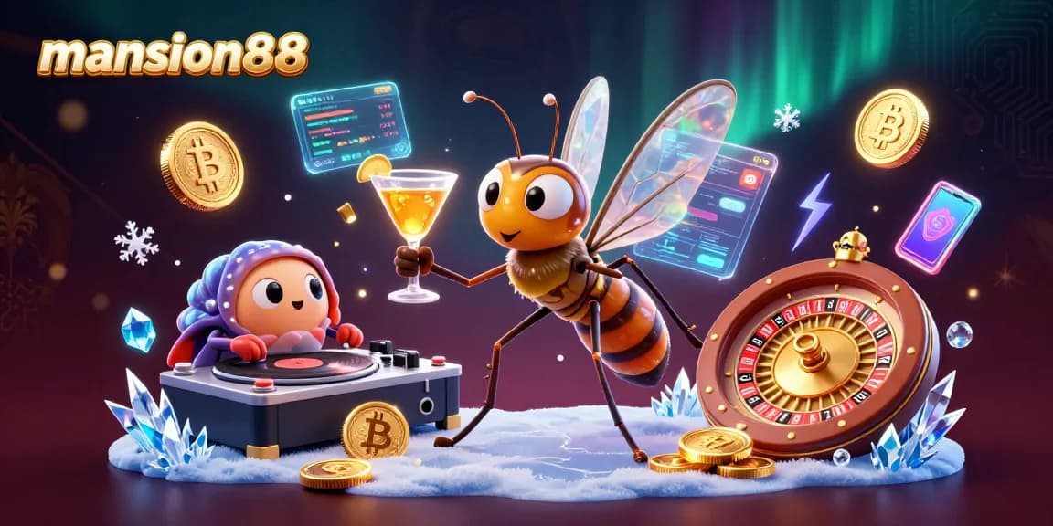 Engage with mansion88 through a vibrant 3D casino illustration showcasing exciting characters and crypto elements.
