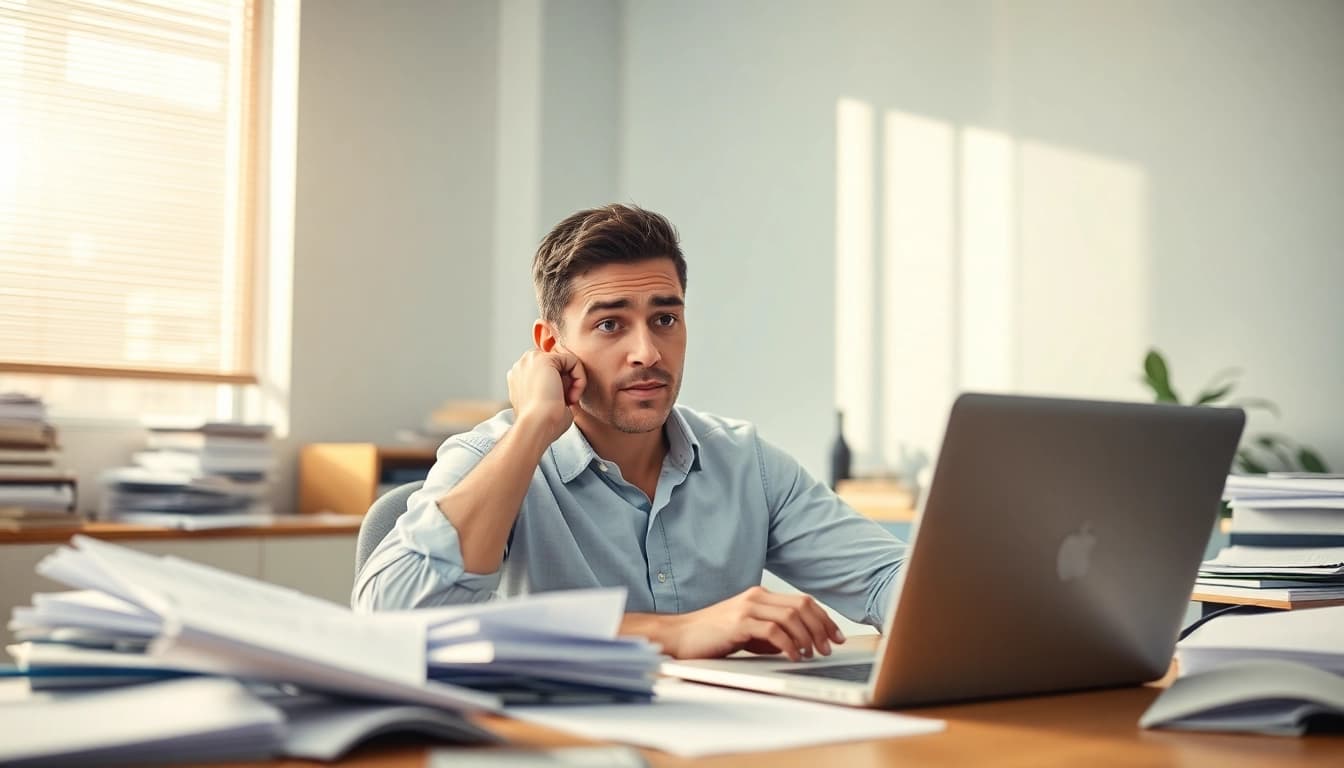 Illustrating brain fog, a person appears puzzled at their cluttered desk, highlighting confusion.