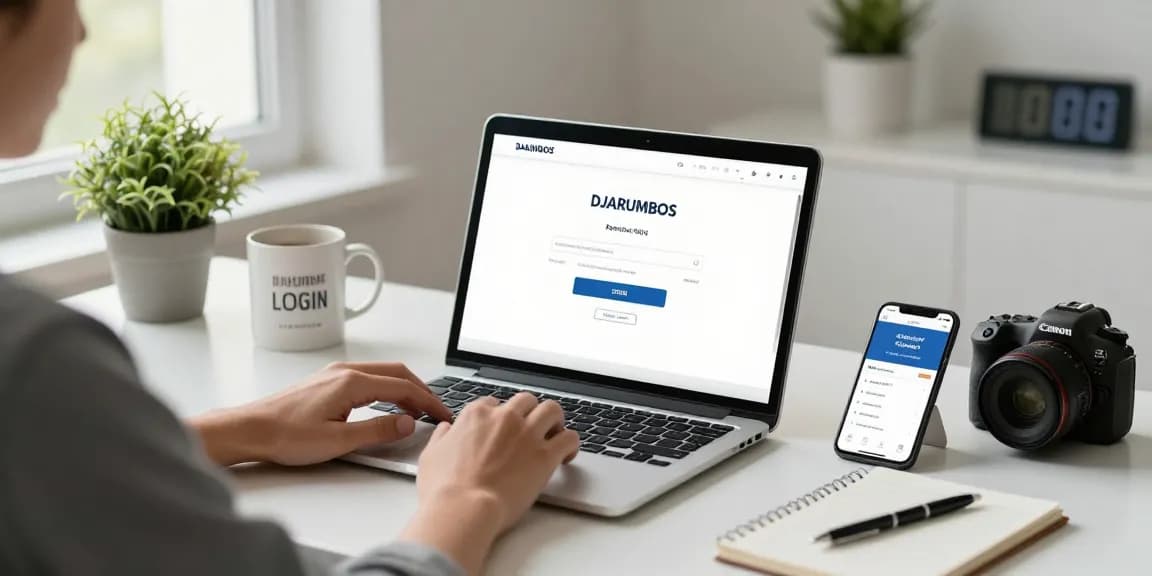 User engaging with DJARUMBOS LOGIN on a laptop at a modern workspace, showcasing a professional online banking experience.