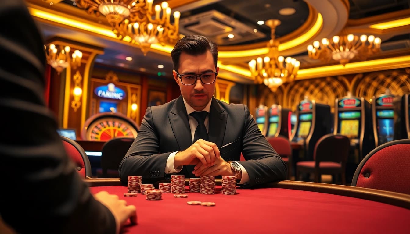 A high-stakes poker game at 789f casino, showcasing strategy and luxury in a lavish setting.