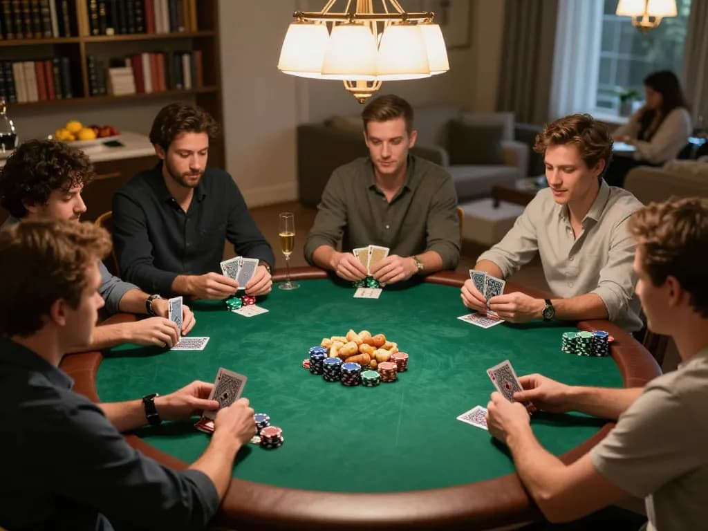 LOTO188 poker night with friends, showcasing intense card gameplay and strategic moments in a cozy setting.