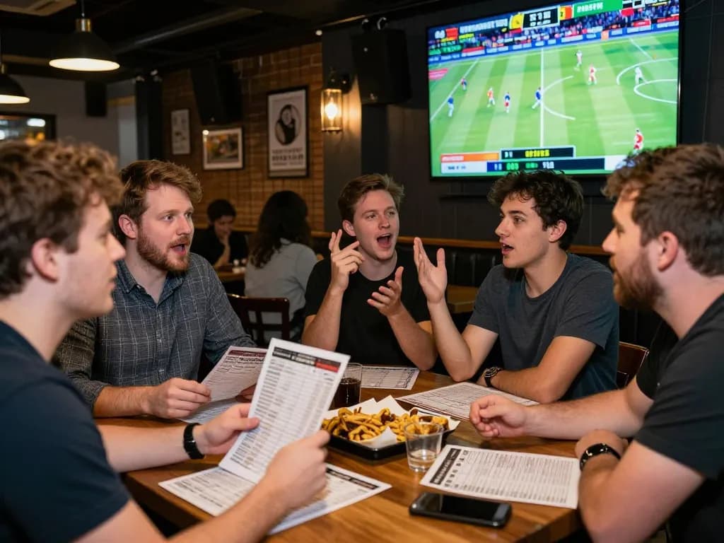Bongdalu users engaging in sports betting at a lively bar with friends, showcasing excitement and camaraderie.