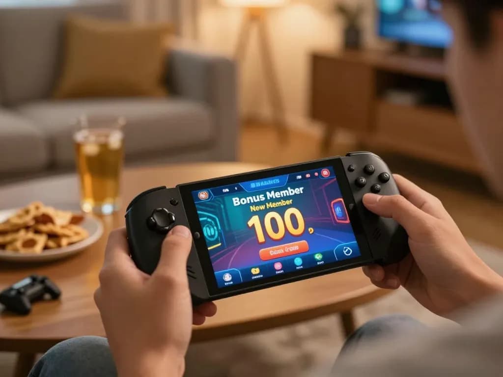 Engaging with the bonus new member 100 promotion on a mobile app in a cozy home setting.