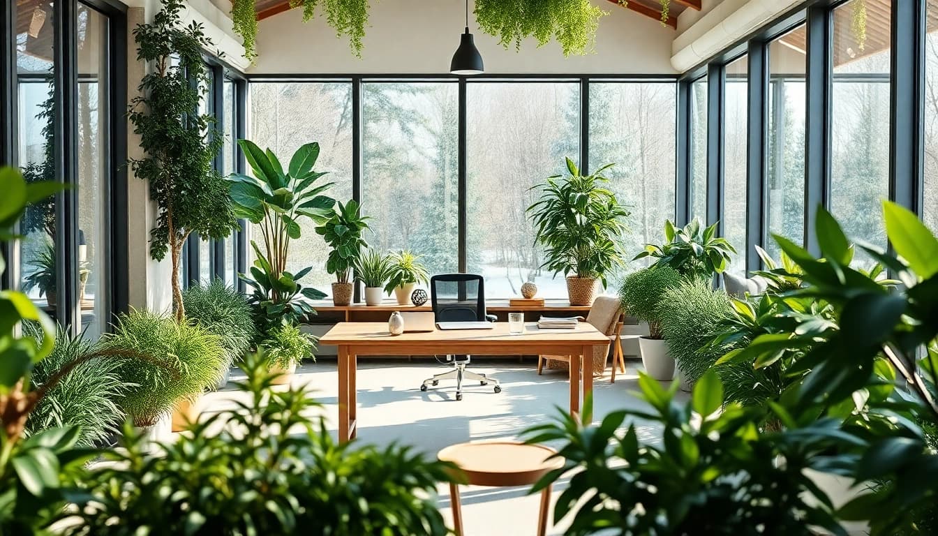 Wintergarten als Buero mit einem eleganten Arbeitsplatz und viel natuerlichem Licht.