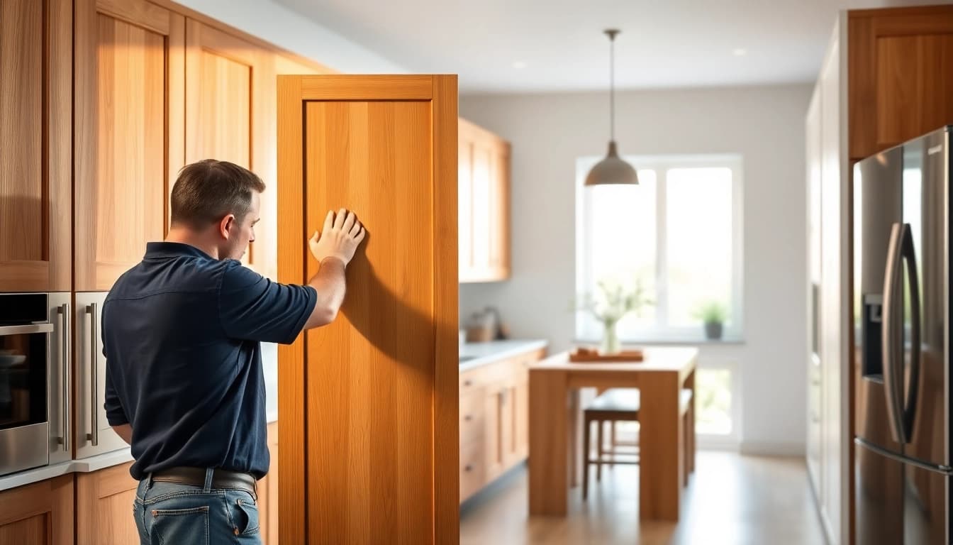 Experience Cabinet Refacing Saint Petersburg FL with a craftsman transforming kitchen cabinets.