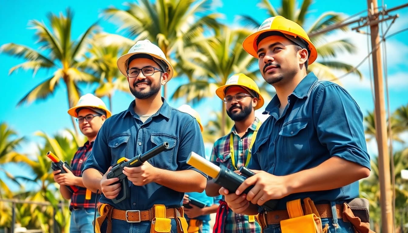 Electrician apprenticeship Hawaii training with diverse apprentices at a construction site.
