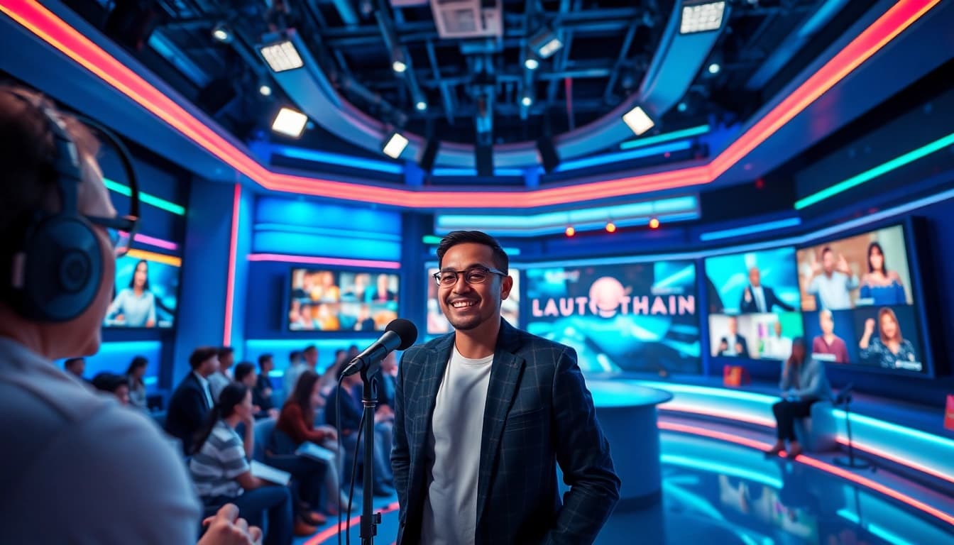 Dynamic Lauthaitv broadcast studio with a professional host engaging audiences.