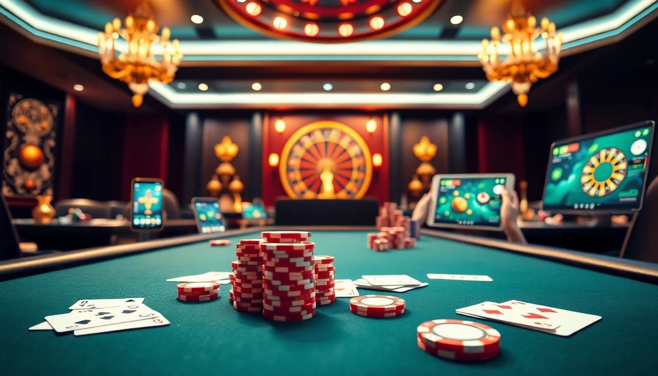 Engage in IDN Poker action at a vibrant casino featuring elegant poker tables and online gaming interfaces.
