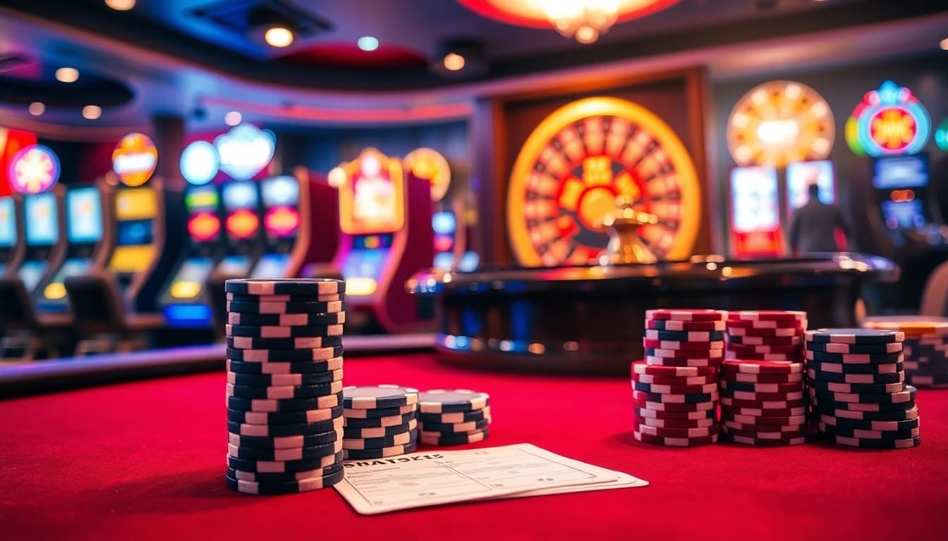Exciting poker chips and cards ready for action at a casino inspired by Daftar Modal138.