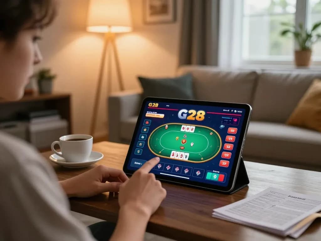 G28 app user enjoys online gaming in a cozy setup, highlighting responsible gambling.