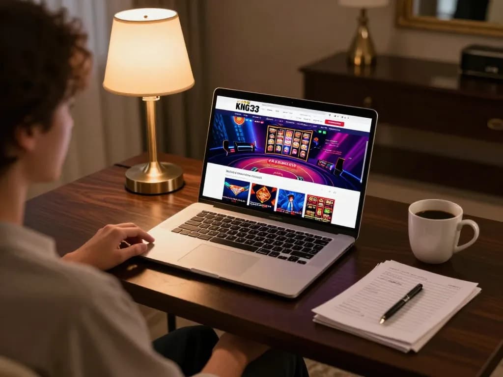 Engaged player exploring exciting games on king33 online casino platform at home