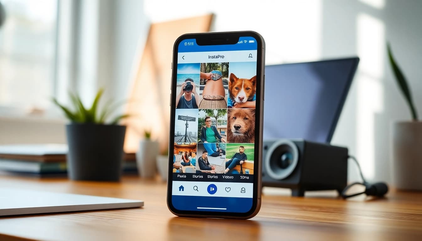 InstaPro app interface on a smartphone, displaying vibrant Instagram content in a modern workspace.