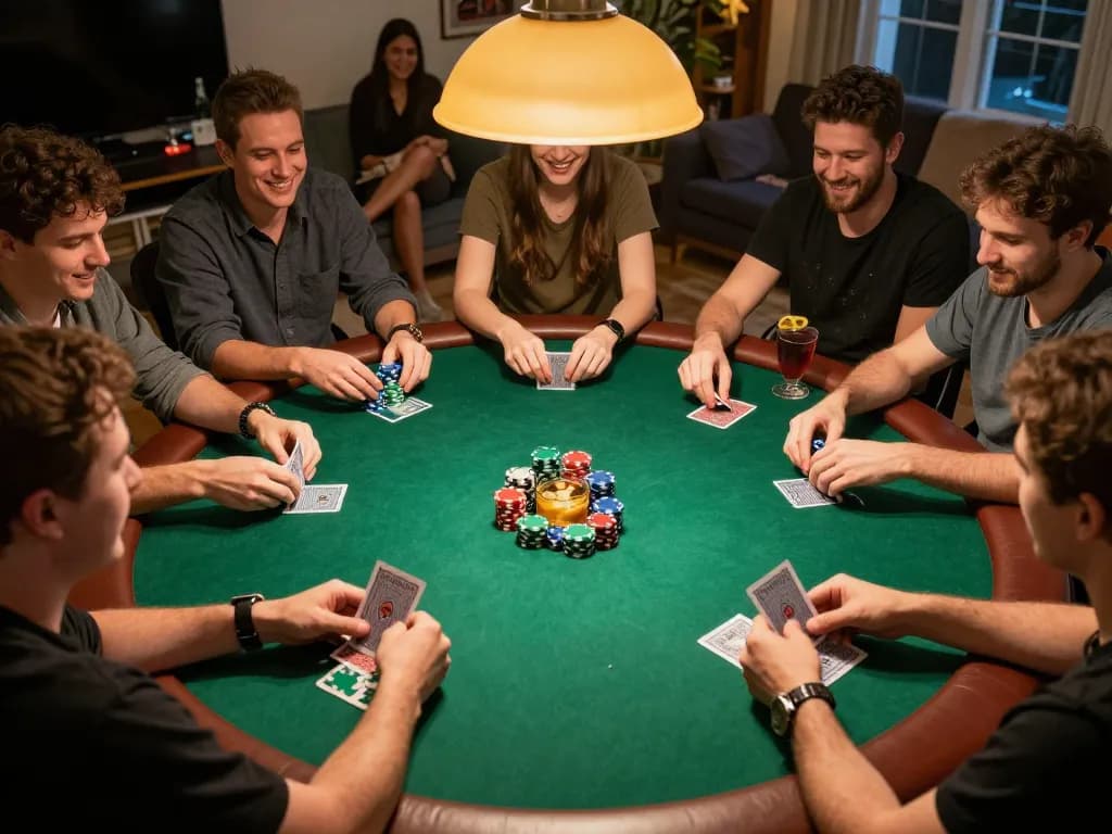 Engaged players enjoying poker night at home, showcasing xx88 dynamic gameplay atmosphere.