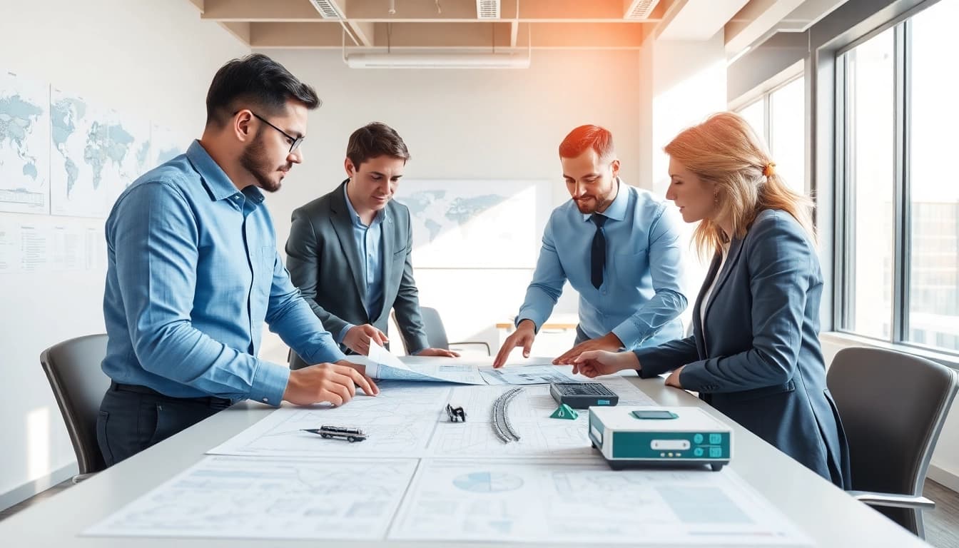 Railroad Design Consultants engaged in strategic planning with detailed blueprints.