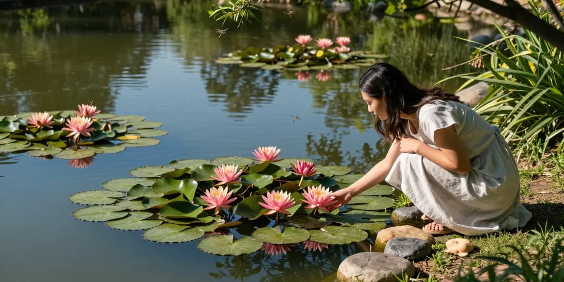 Buy Water Lilies with vibrant blooms enhancing a serene garden pond scene