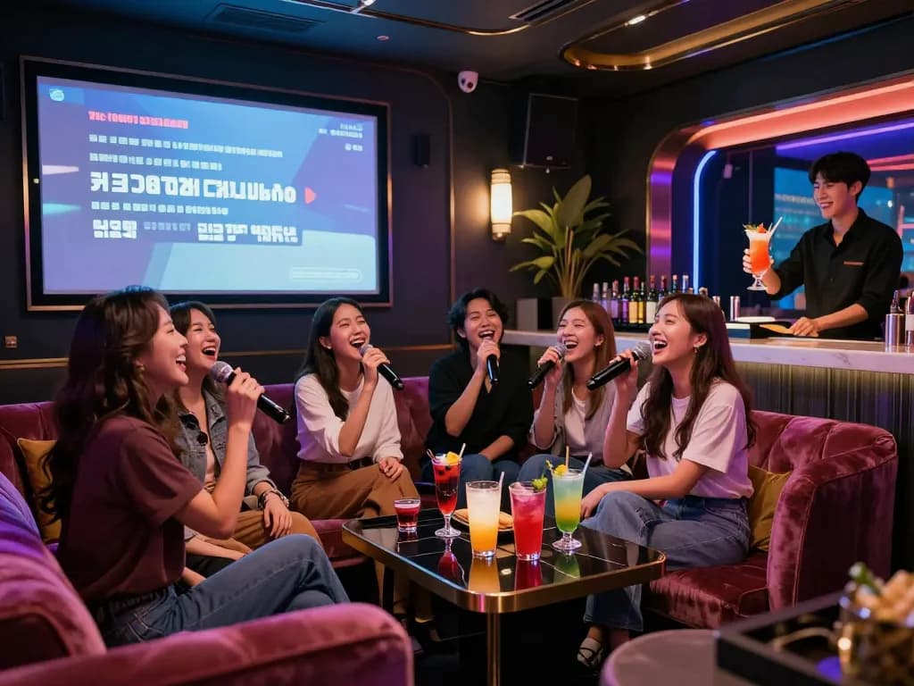 친구들이 gangnamtune.com/runrabbit에서 노래방을 즐기며 칵테일과 활기찬 장식으로 생동감 있는 밤문화를 보여주고 있습니다.