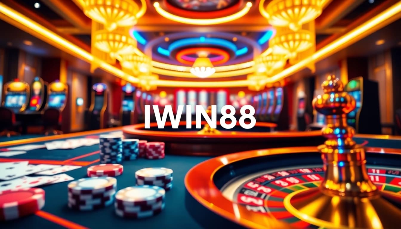 IWIN68 offers a vibrant online gambling scene with poker chips and roulette wheel, conveying luxury and excitement.