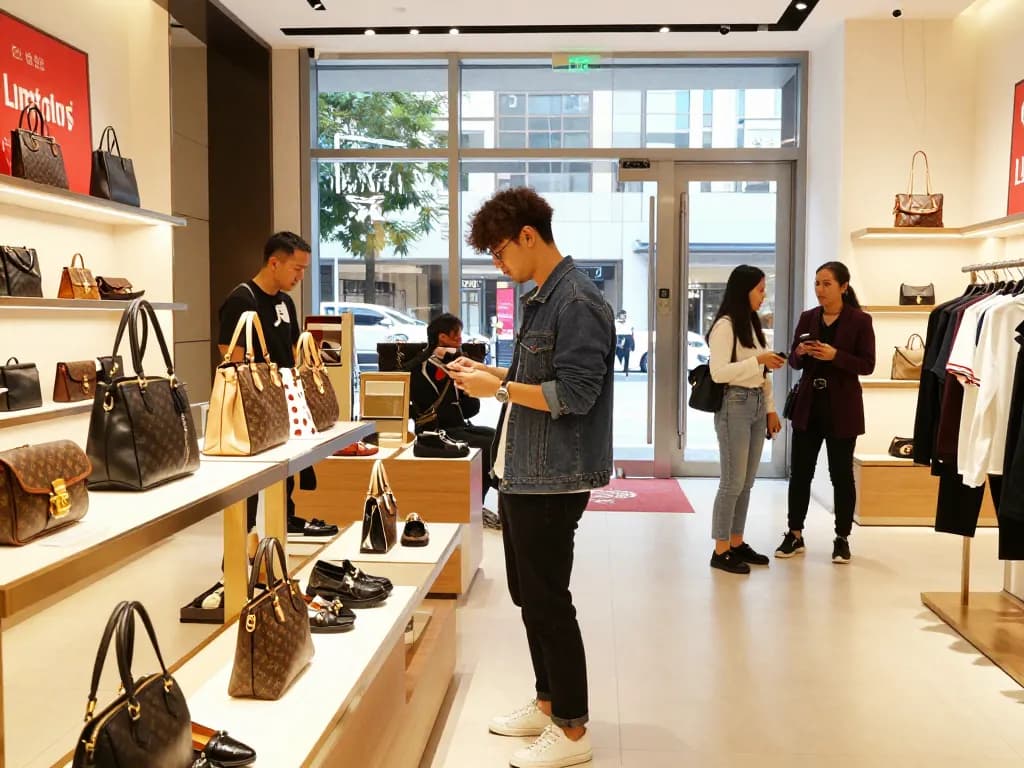 Exploring a vibrant 레플리카 쇼핑몰 with stylish displays of luxury replica products in a modern urban setting.