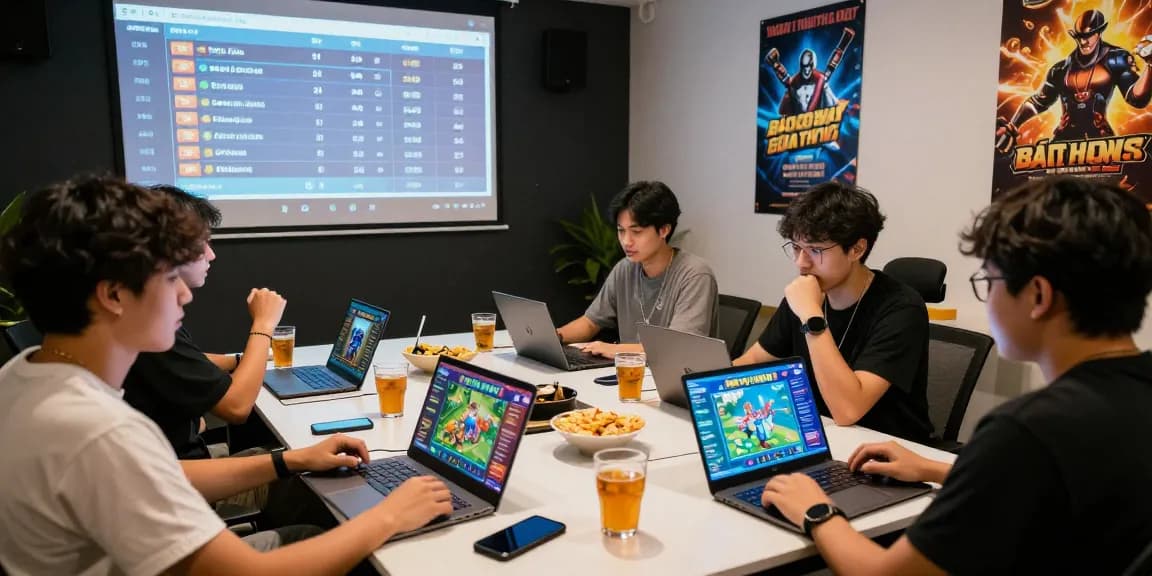 Friends enjoying a game bài đổi thưởng session with laptops and snacks in a vibrant setting.