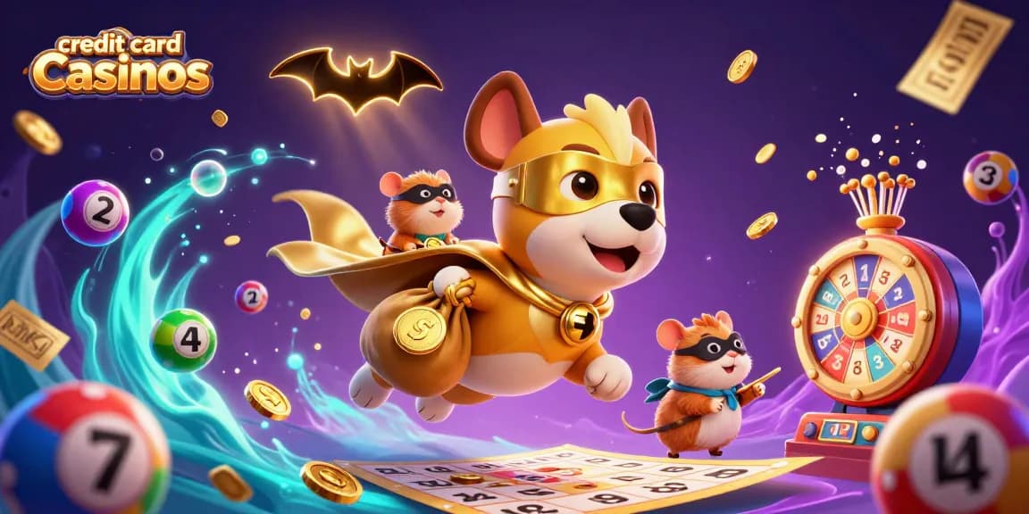 Experience excitement with credit card casinos featuring a superhero dog and golden elements.